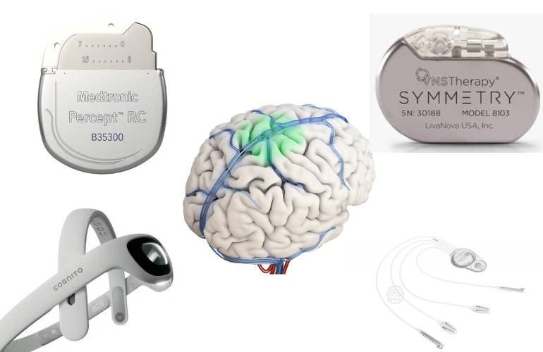 Neurotech from Medtronic (top left), LivaNova (top right), Cognito Therapeutics (bottom left), CorTec (bottom right) and Synchron (center).