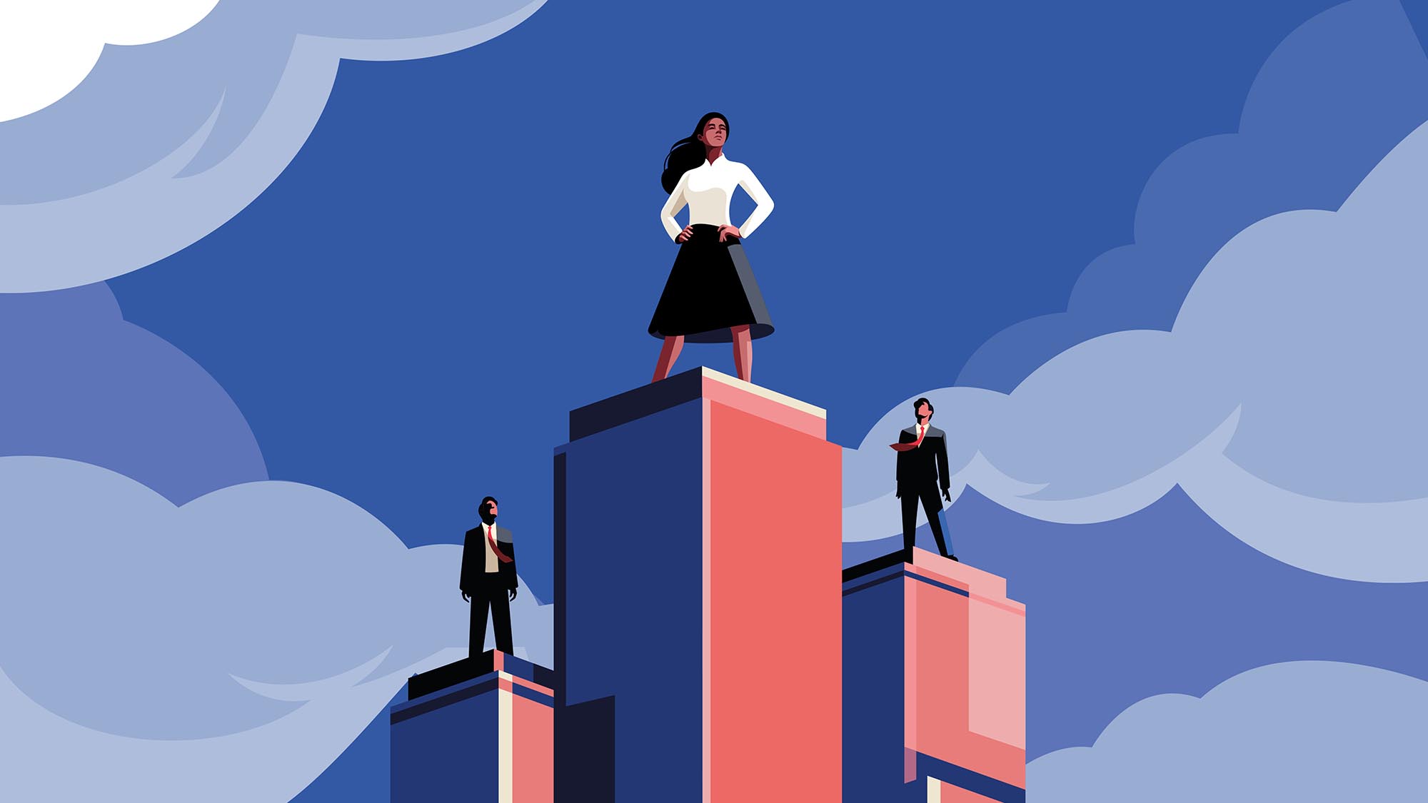 women atop buildings - illustration